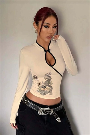Ekru Mandarin Yaka Ejderha Motifli Vintage Y2K Uzun Kollu Crop