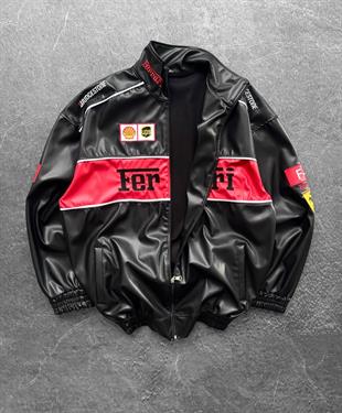 F1 Ferrari Black Deri Unisex Ceket