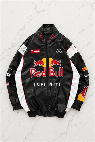 F1 Redbull Siyah/Beyaz Deri Unisex Ceket