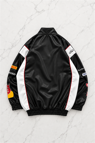F1 Redbull Siyah/Beyaz Deri Unisex Ceket