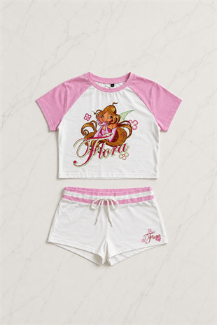 Flora Pembe Şort T-shirt Takım