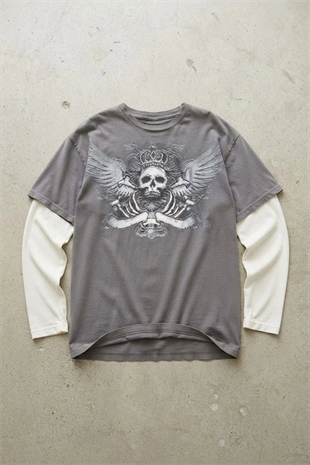 Füme King Skull Gotik Beyaz Kollu Unisex Sweatshirt