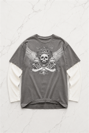 Füme King Skull Gotik Beyaz Kollu Unisex Sweatshirt