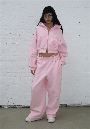 Glithch Eyelet Oversize Pink Eşofman Takımı