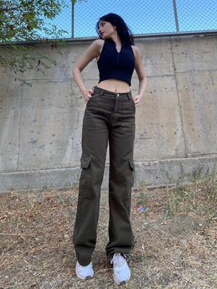 Gofeel Y2K Haki Yeşil Kargo Cepli Bol Paça Ön Cep Detaylı Unisex Pantolon