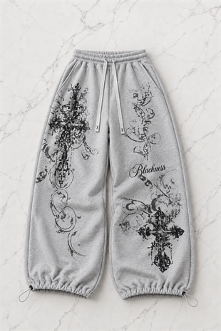 Gothic Rose Detaylı Baggy Unisex Eşofman Altı