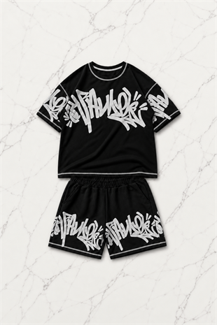 Graffiti Siyah Unisex T-shirt & Şort Takım