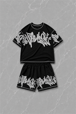 Graffiti Siyah Unisex T-shirt & Şort Takım