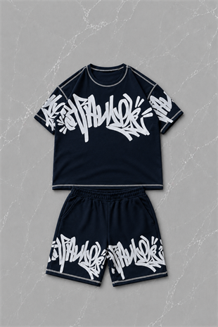 Graffiti Tag Midnight Navy T-shirt & Şort Takım