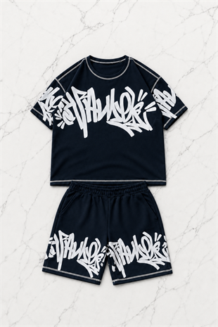 Graffiti Tag Midnight Navy T-shirt & Şort Takım