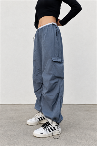 Grey Tactical Kargo Cepli Bel ve Paça Ayarlanabilir  Gabardin Paraşüt Oversize Gri Pantolon