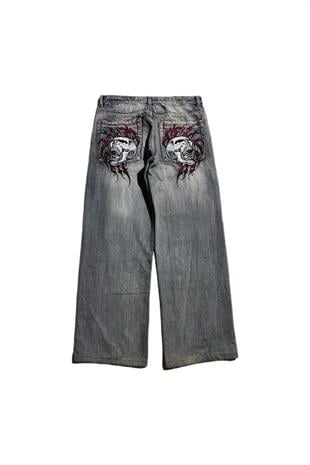 Gri Double Fire Skull Streetwear Yıkamalı Jean Pantolon
