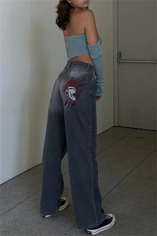 Gri Double Fire Skull Streetwear Yıkamalı Jean Pantolon