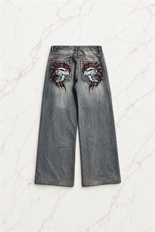 Gri Double Fire Skull Streetwear Yıkamalı Jean Pantolon