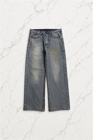 Gri Double Fire Skull Streetwear Yıkamalı Jean Pantolon