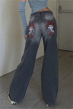 Gri Double Fire Skull Streetwear Yıkamalı Jean Pantolon