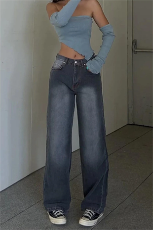 Gri Double Fire Skull Streetwear Yıkamalı Jean Pantolon