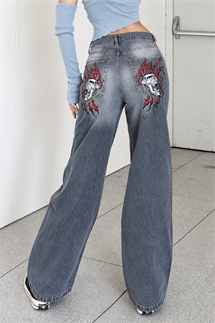 Gri Double Fire Skull Streetwear Yıkamalı Jean Pantolon