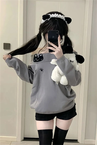 Gri Kawai Cat Harajuku Y2K Uzun Kollu Off Shoulder