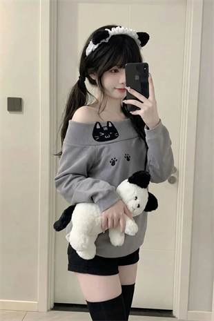 Gri Kawai Cat Harajuku Y2K Uzun Kollu Off Shoulder
