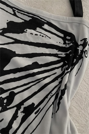 Gri Kelebek Kanatlı Askılı Grunge Y2K Kısa Kollu Crop