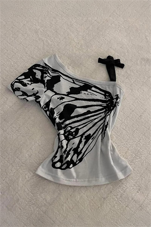 Gri Kelebek Kanatlı Askılı Grunge Y2K Kısa Kollu Crop