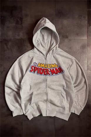 Gri Melanj Amazing Spider Cartoon Sırt Baskılı Unisex Hırka