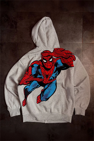 Gri Melanj Amazing Spider Cartoon Sırt Baskılı Unisex Hırka