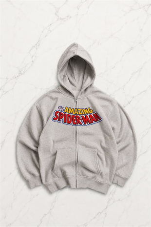 Gri Melanj Amazing Spider Cartoon Sırt Baskılı Unisex Hırka
