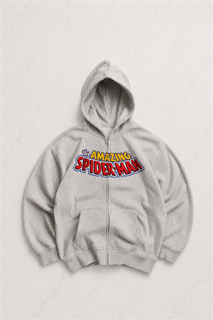 Gri Melanj Amazing Spider Cartoon Sırt Baskılı Unisex Hırka