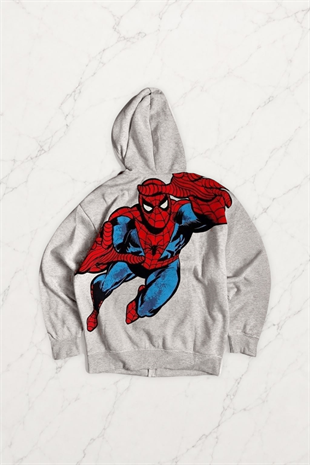 Gri Melanj Amazing Spider Cartoon Sırt Baskılı Unisex Hırka