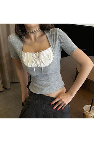 Gri Melanj İspanyol Kol Kurdeleli Dantel Yaka Kısa Kollu Crop-rf
