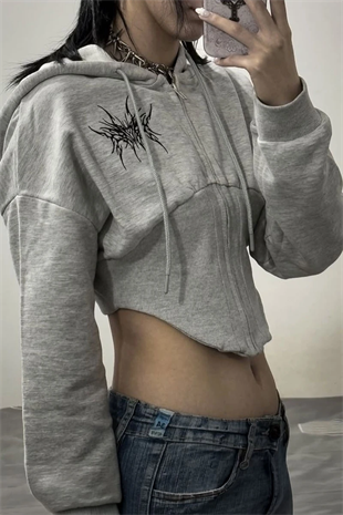 Gri Melanj Korseli Tribal Oval Kesim Y2K Uzun Kollu Crop Hırka