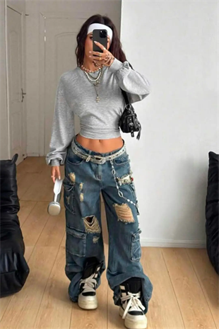 Gri Melanj LOOC Corset Uzun Kollu Beli Büzgülü Bluz