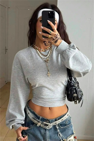 Gri Melanj LOOC Corset Uzun Kollu Beli Büzgülü Bluz