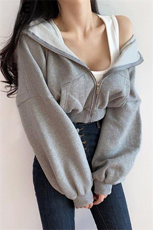Gri Melanj Mevsimlik Crop-Top Fermuarlı Kapüşonlu