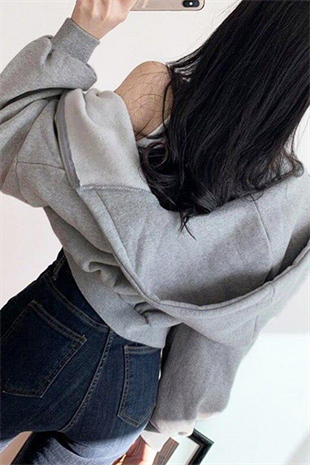 Gri Melanj Mevsimlik Crop-Top Fermuarlı Kapüşonlu