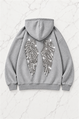 Gri Melek Parıltılı Taş Detaylı Oversize Sweatshirt