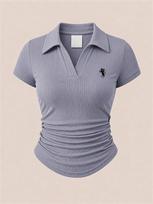 Gri Polo Yaka Fitilli Likralı Bluz