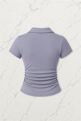 Gri Polo Yaka Fitilli Likralı Bluz