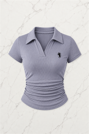 Gri Polo Yaka Fitilli Likralı Bluz