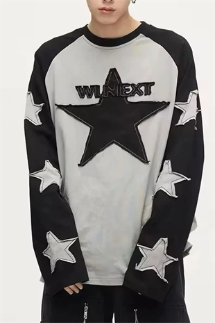 Gri Siyah Harajuku Star Graphic Uzun Kol T-Shirt