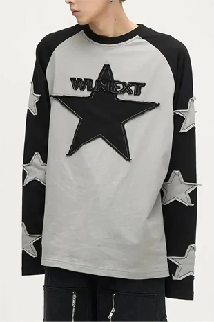 Gri Siyah Harajuku Star Graphic Uzun Kol T-Shirt