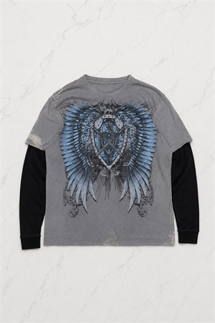 Gri Wing & Shield Gotik Siyah Kollu Unisex Sweatshirt