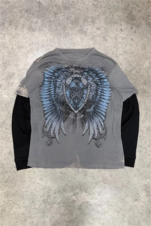 Gri Wing & Shield Gotik Siyah Kollu Unisex Sweatshirt