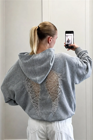 Gri Wings Sırt Dantel Detaylı Oversize Sweatshirt