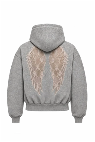 Gri Wings Sırt Dantel Detaylı Oversize Sweatshirt