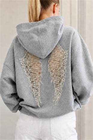 Gri Wings Sırt Dantel Detaylı Oversize Sweatshirt