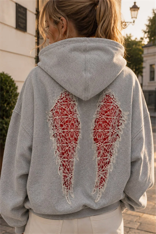 Gri Wings Sırt Dantel Detaylı Oversize Sweatshirt