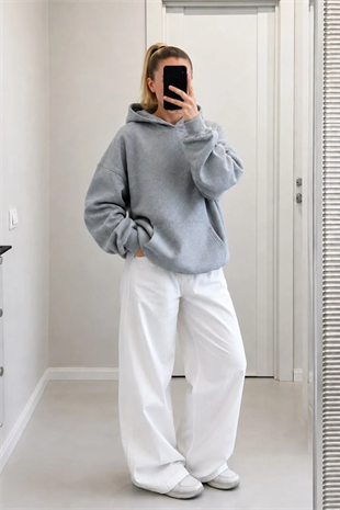 Gri Wings Sırt Dantel Detaylı Oversize Sweatshirt